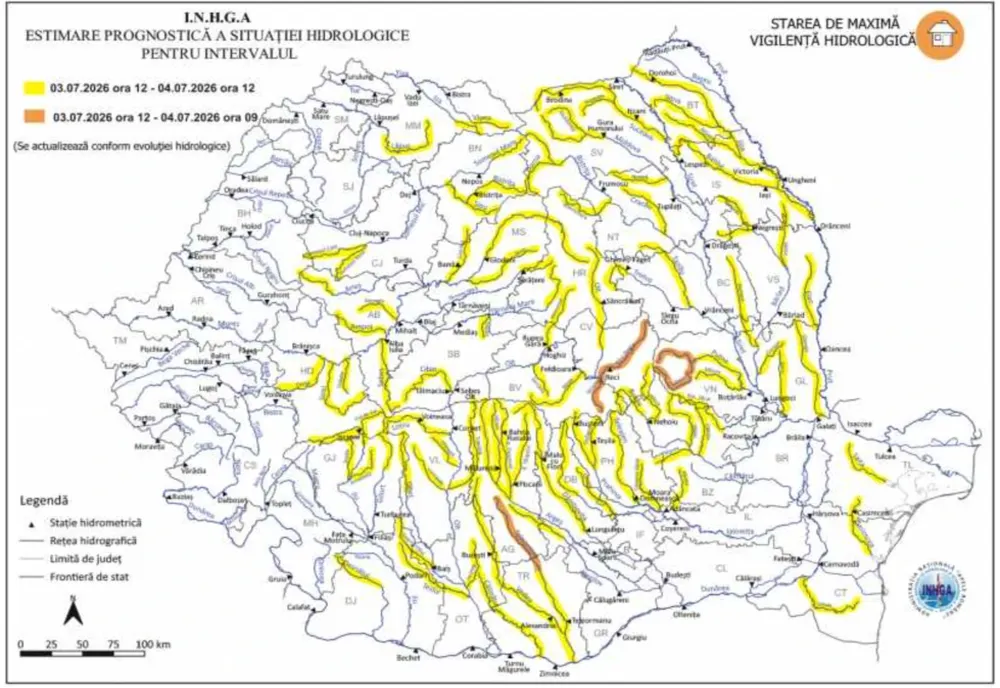 Alertă hidrologică. Cod galben și Cod portocaliu de inundații, până sâmbătă la prânz